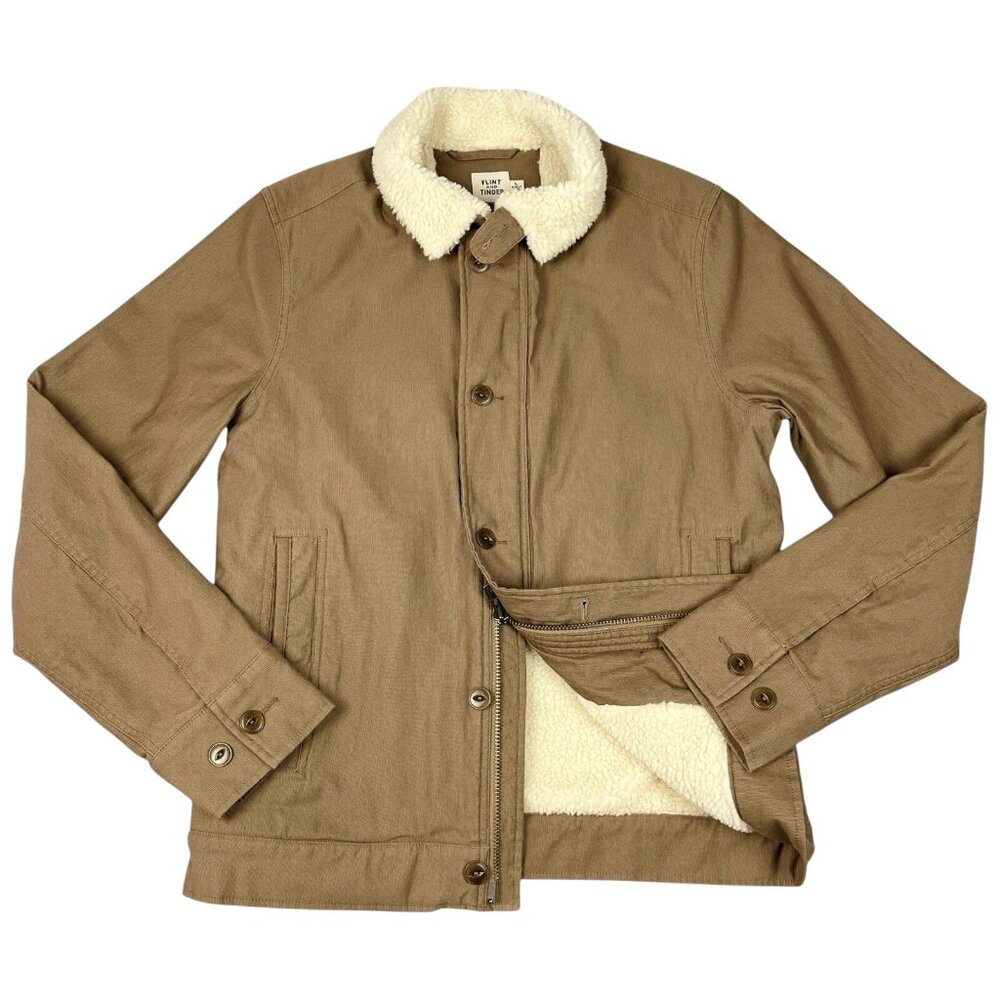 Flint and Tinder Jacket Mens Large Sherpa Fleece Lined Deck Military Bomber Tan